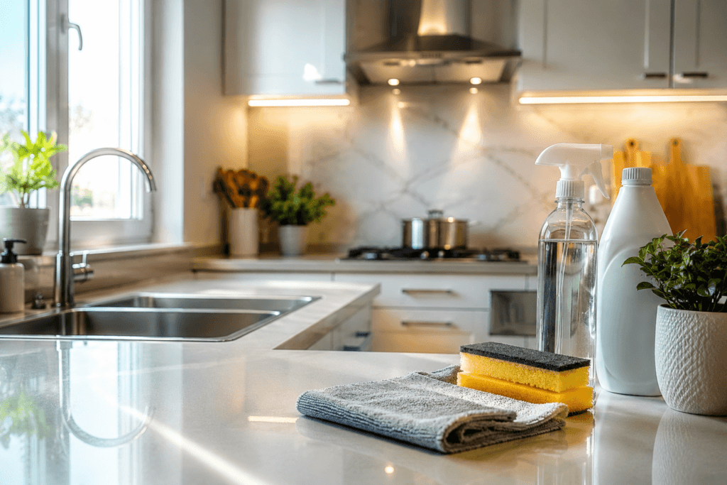 Clean modern UAE kitchen with spotless white countertops, stainless steel sink, microfiber cloth, sponge, and cleaning spray bottle arranged on the counter, with bright natural daylight and organised cabinetry in the background.