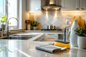 Clean modern UAE kitchen with spotless white countertops, stainless steel sink, microfiber cloth, sponge, and cleaning spray bottle arranged on the counter, with bright natural daylight and organised cabinetry in the background.