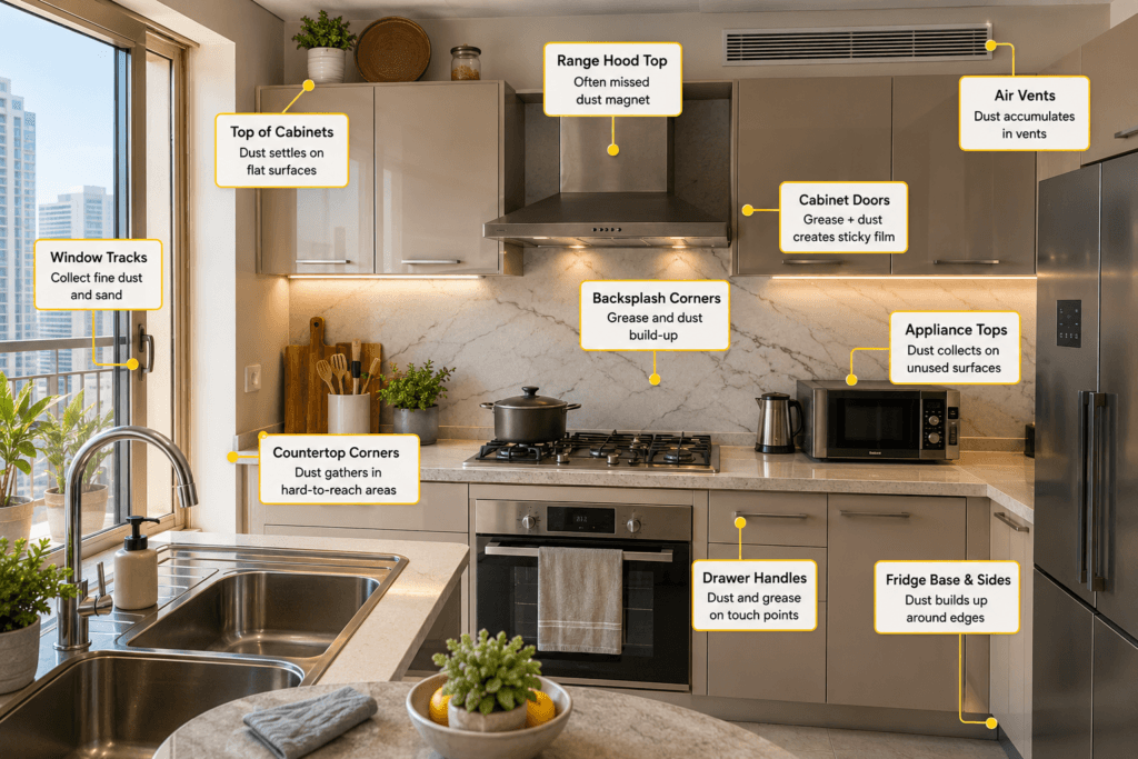 Modern UAE kitchen showing common dust accumulation zones around appliances, countertop corners, and ventilation areas.