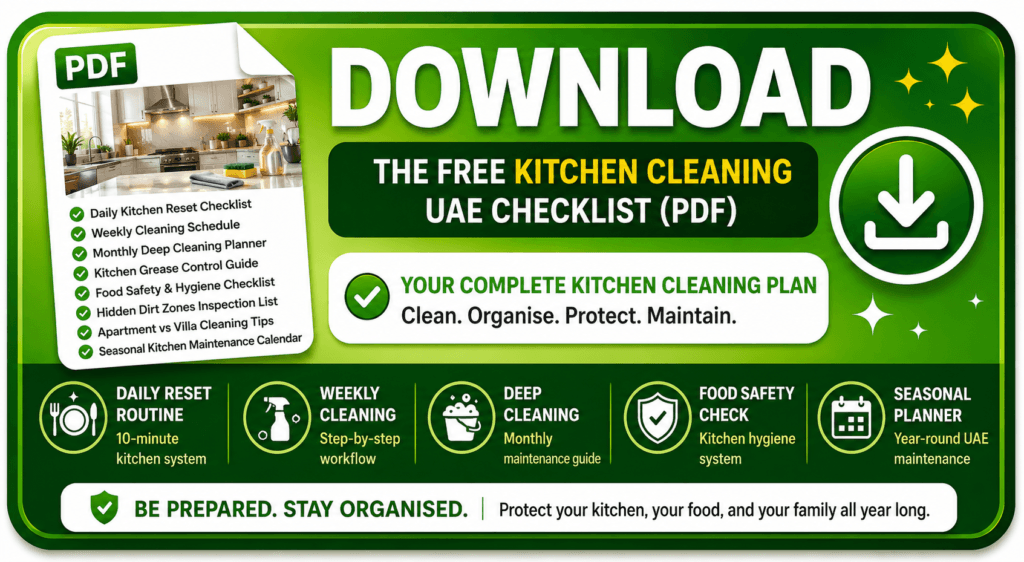 Download the Kitchen Cleaning Checklist UAE (PDF)" call-to-action, matching the style used on the villa cleaning and bathroom cleaning guides.