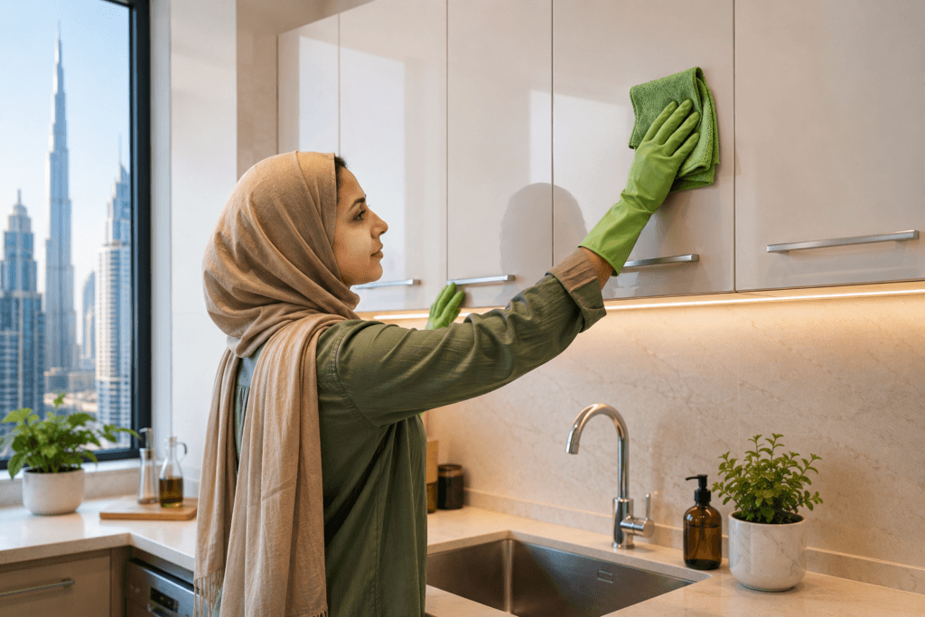 Person cleaning kitchen cabinet doors using a microfiber cloth in a UAE apartment kitchen.