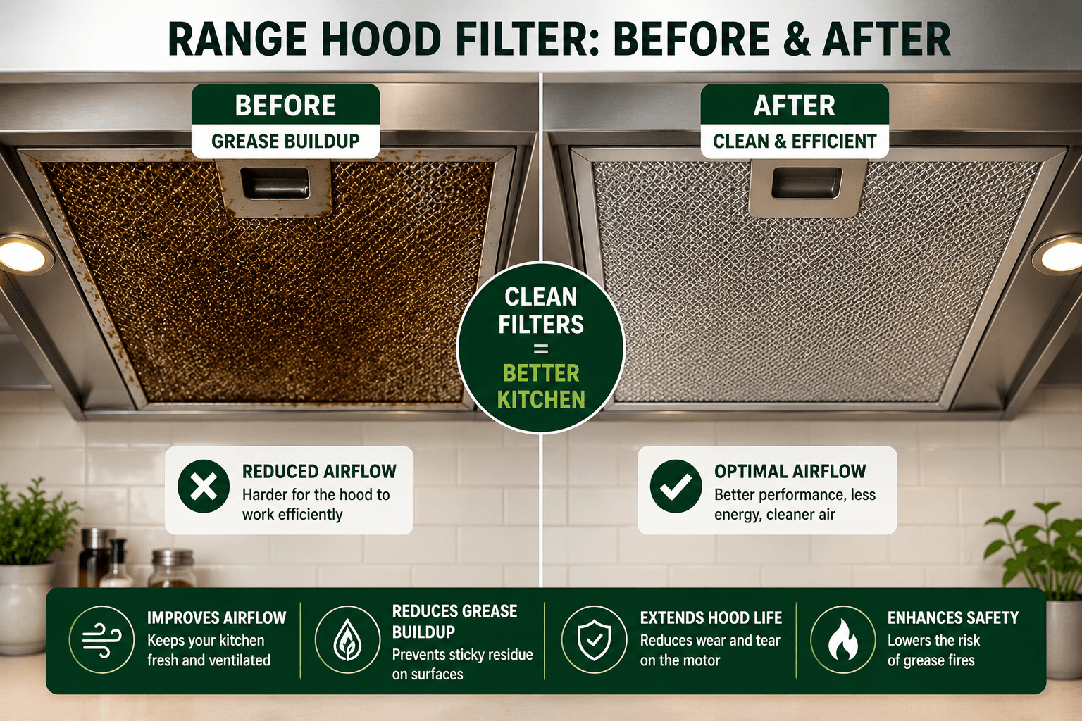 Range hood filter showing grease buildup compared to a cleaned filter, side by side.