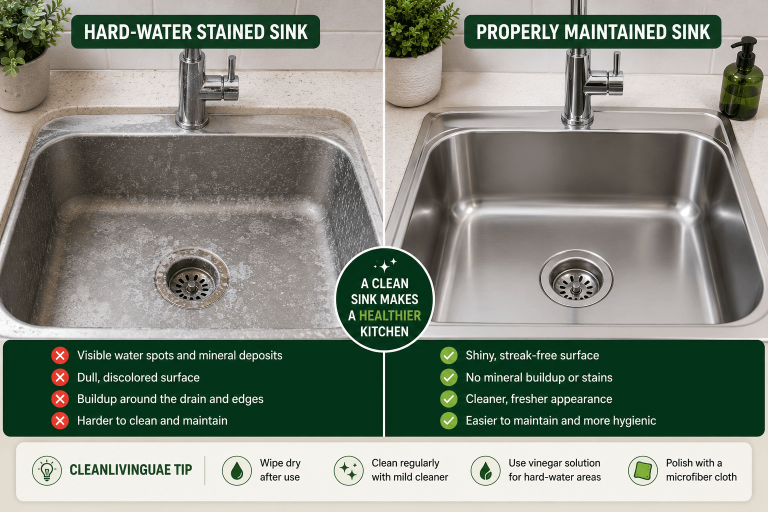 Comparison of a hard-water stained kitchen sink and a properly maintained sink.