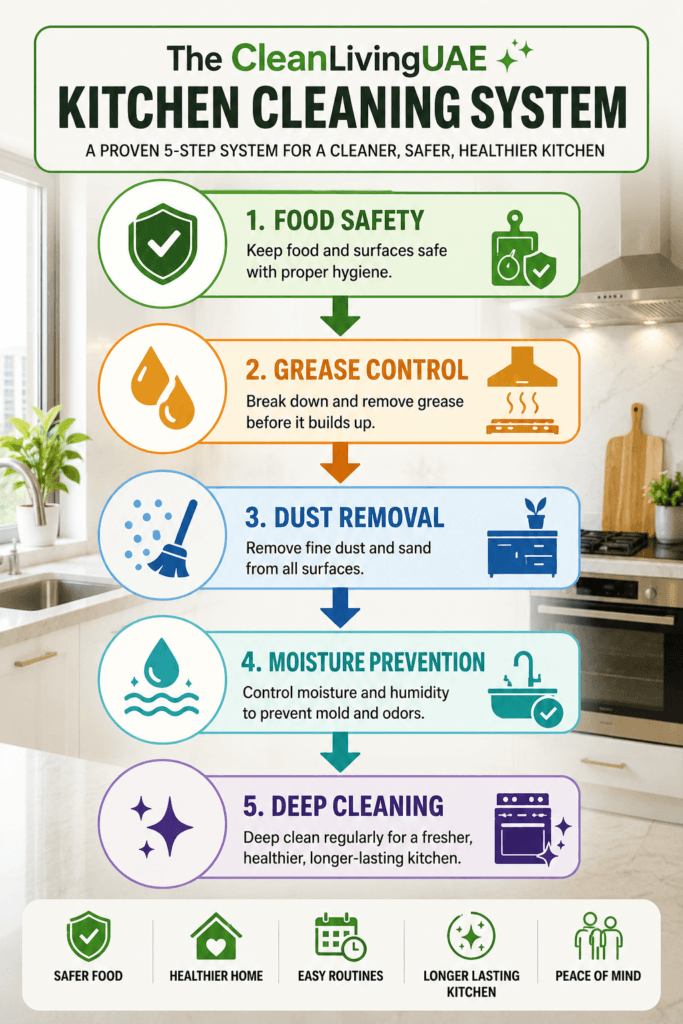 The CleanLivingUAE Kitchen Cleaning System. A signature vertical flow for the top of the article showing Food Safety, then Grease Control, then Dust Removal, then Moisture Prevention, then Deep Cleaning, each connected by a downward arrow.