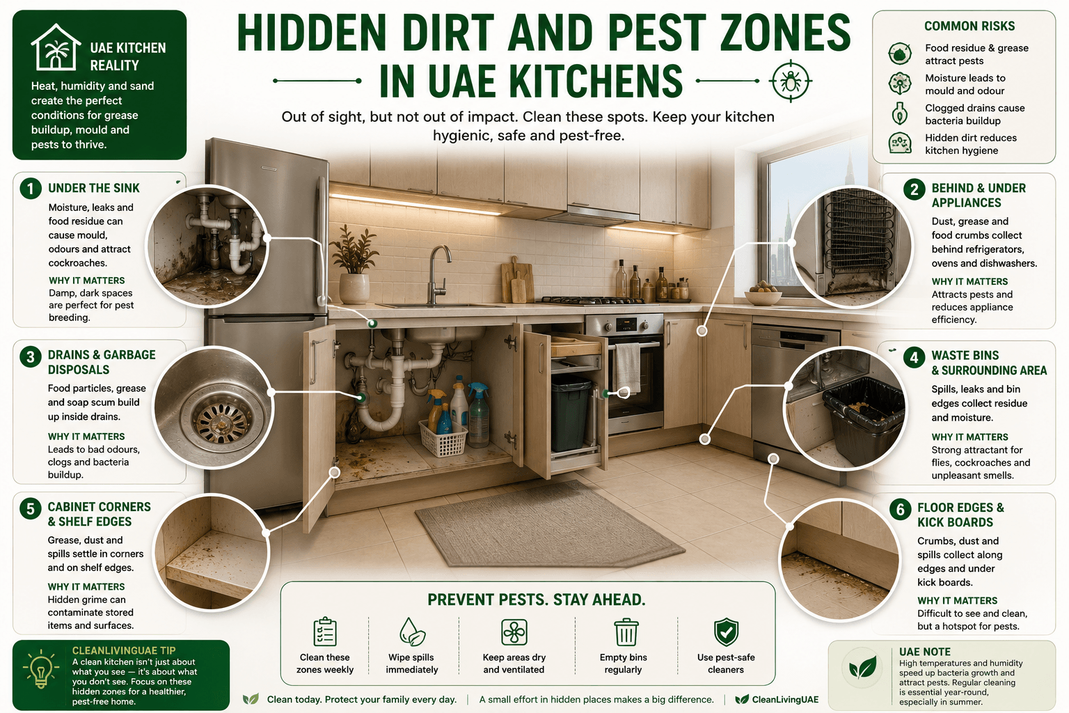 [Infographic suggestion: Hidden Dirt and Pest Zones in UAE Kitchens. A cutaway kitchen illustration highlighting under-sink areas, behind appliances, drains, and waste areas where residue and moisture collect.]