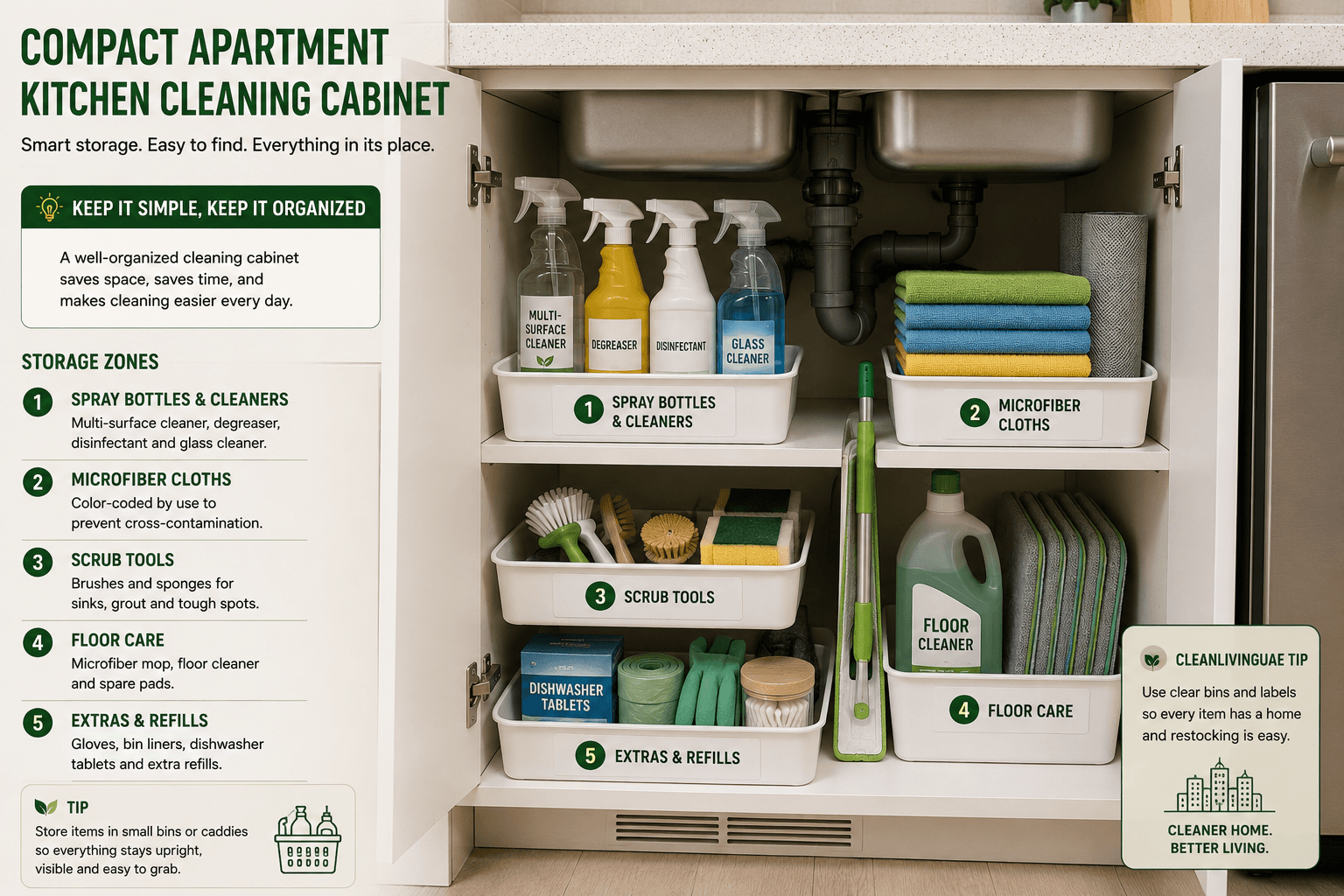 Compact apartment kitchen cleaning cabinet with labelled storage zones.