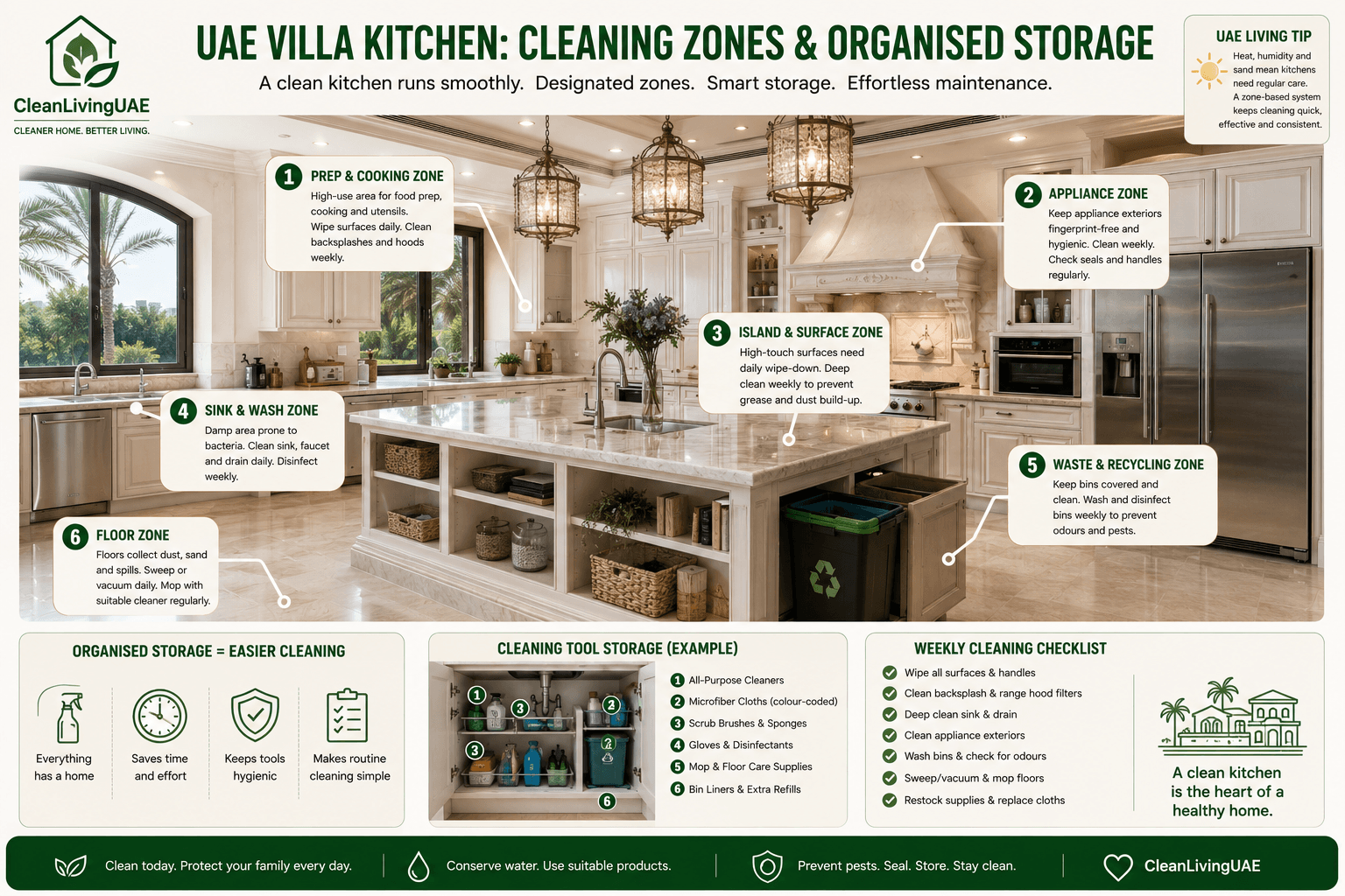[Image suggestion: Large UAE villa kitchen showing designated cleaning zones and organised storage.]