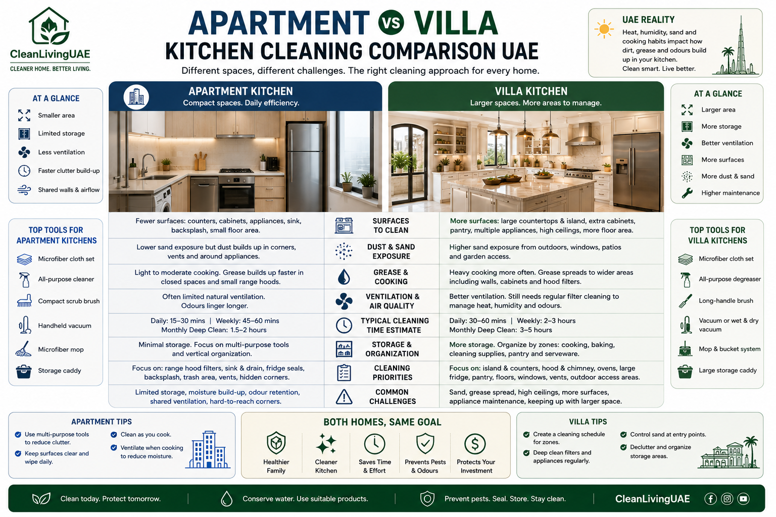 [Infographic suggestion: Apartment vs Villa Kitchen Cleaning Comparison UAE. A side-by-side visual showing cleaning requirements for each property type.]