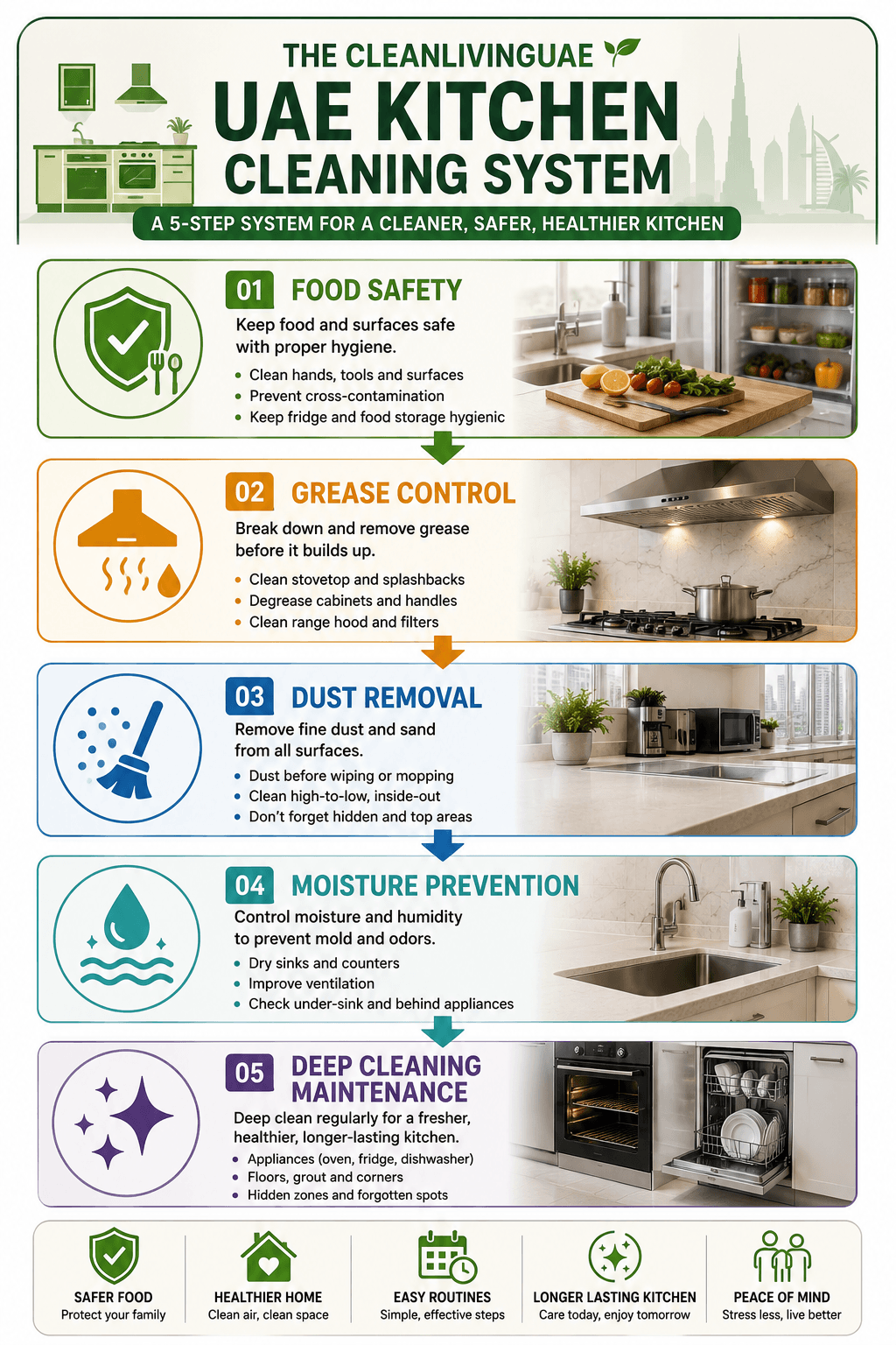 [Infographic suggestion: UAE Kitchen Cleaning System. A five-step vertical workflow showing Food Safety, then Grease Control, then Dust Removal, then Moisture Prevention, then Deep Cleaning Maintenance.]