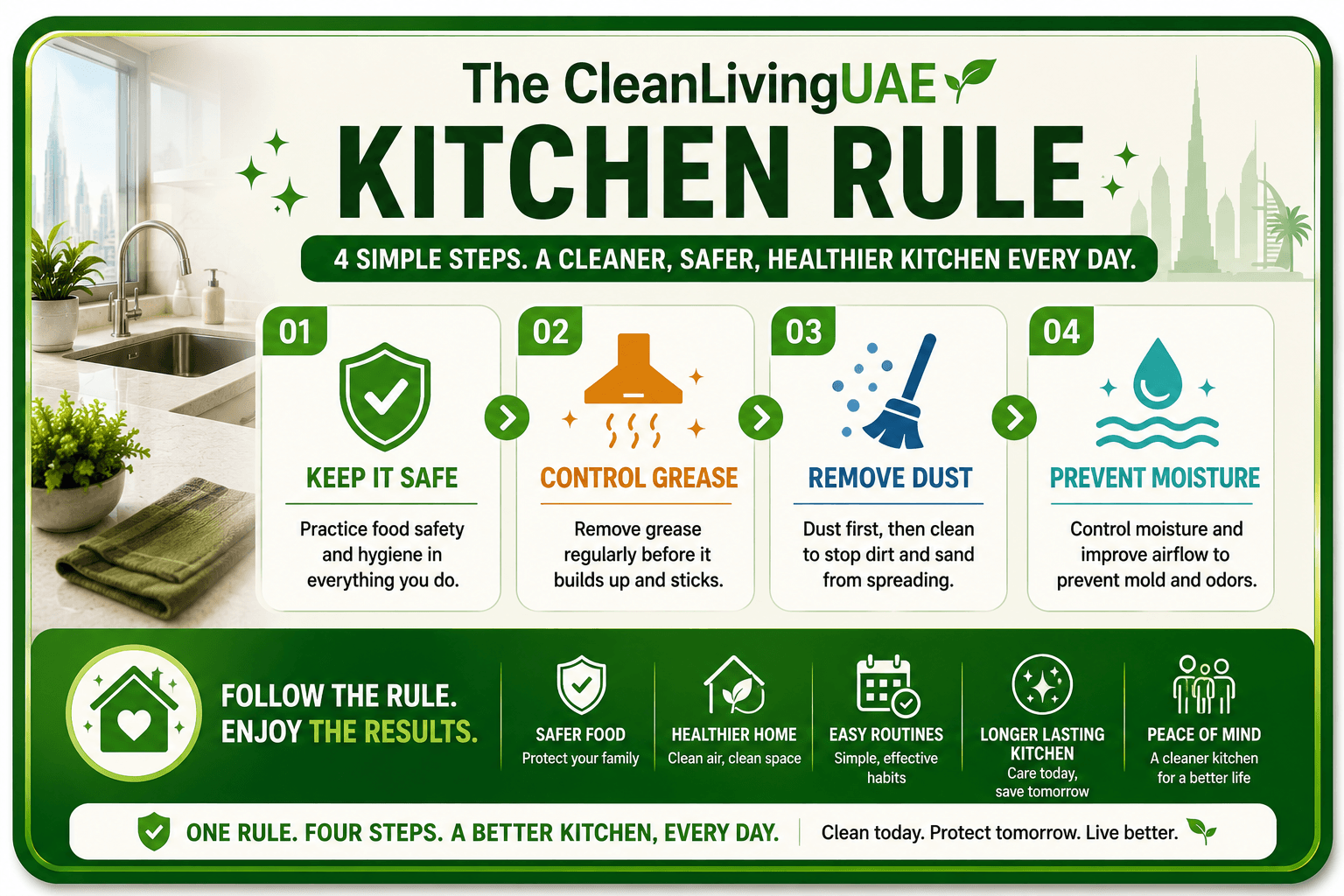 Display "The CleanLivingUAE Kitchen Rule" as a branded green callout box with the four numbered steps, matching the signature framework styling used across CleanLivingUAE cornerstone guides.