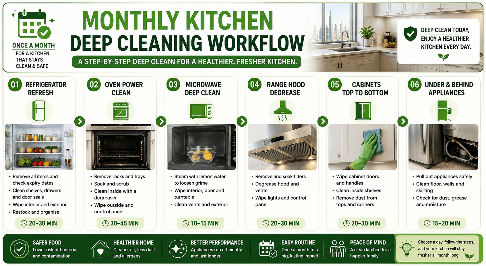 [Infographic suggestion: Monthly Kitchen Deep Cleaning Workflow. A step-by-step sequence for UAE kitchens, moving from refrigerator through oven, microwave, range hood, cabinets, and under-appliance zones.]