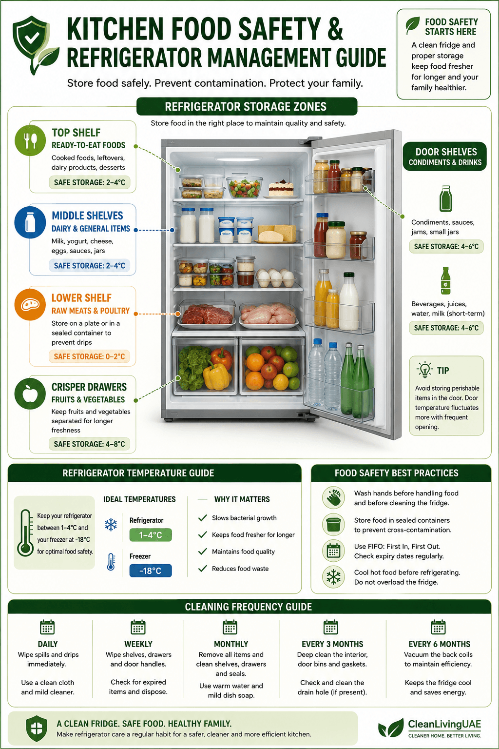 [Infographic suggestion: Kitchen Food Safety and Refrigerator Management Guide. A diagram of fridge storage zones with cleaning frequencies and general temperature guidance.]