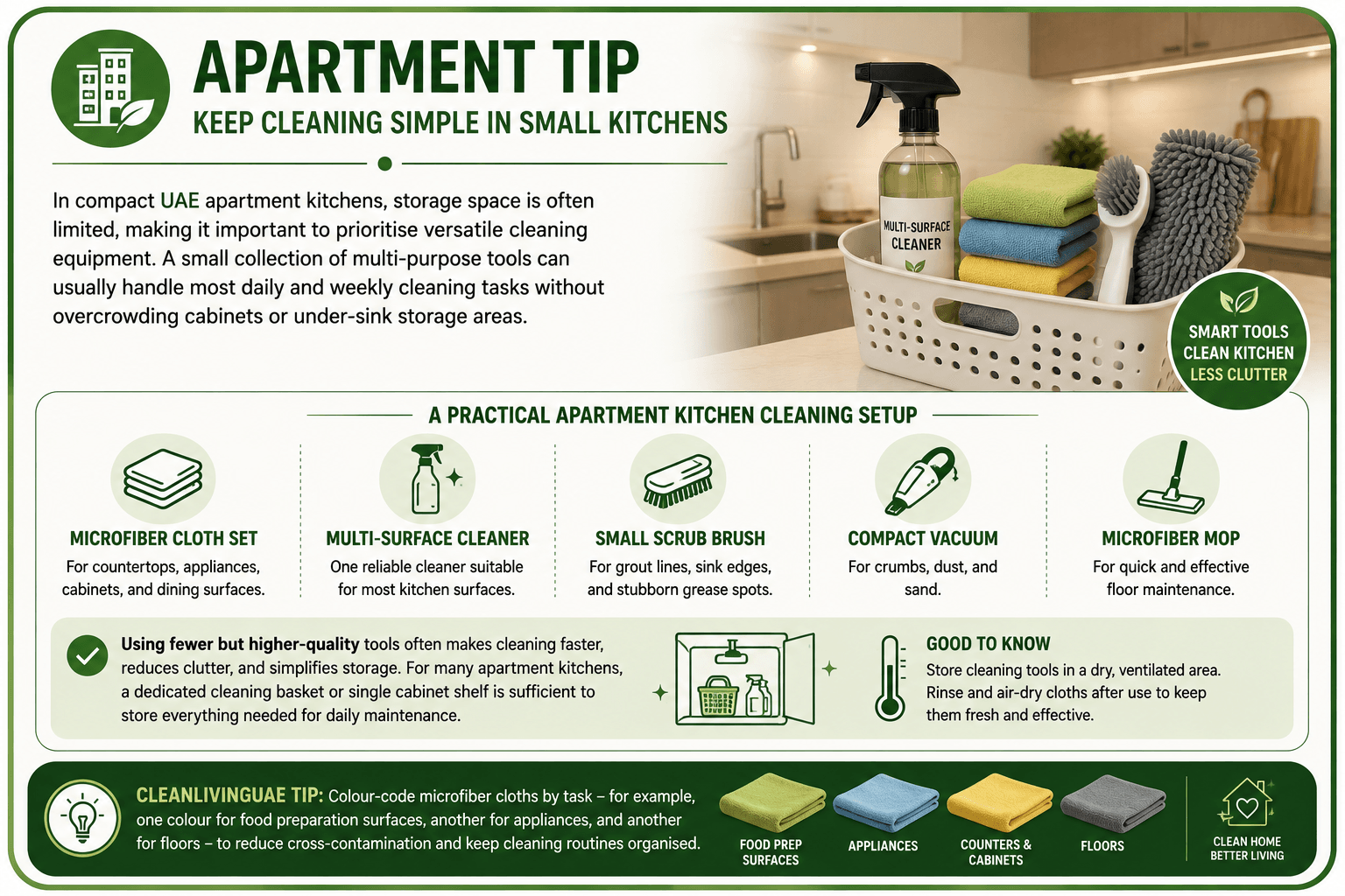 [Apartment Tip: In compact kitchens, multi-purpose tools and a single high-quality microfiber set reduce clutter while still covering the essential tasks.]