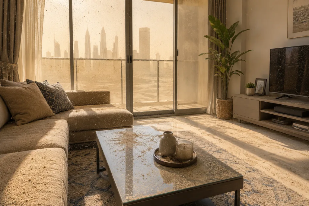 post sandstorm cleaning UAE - UAE apartment living room covered in fine dust after a sandstorm near balcony doors