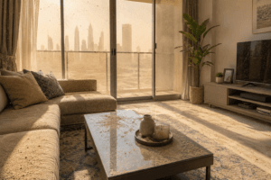 post sandstorm cleaning UAE - UAE apartment living room covered in fine dust after a sandstorm near balcony doors