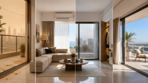 seasonal-cleaning-uae - Seasonal Cleaning UAE. Scene: a modern UAE apartment living room divided into four subtle seasonal zones. Spring - light sand accumulation near the balcony door, slight haze outdoors. Summer - split AC running, closed curtains, bright sunlight outside. Autumn - small condensation on glass, wardrobe door slightly open, fresh indoor appearance. Winter - balcony doors open, outdoor seating visible, comfortable weather.