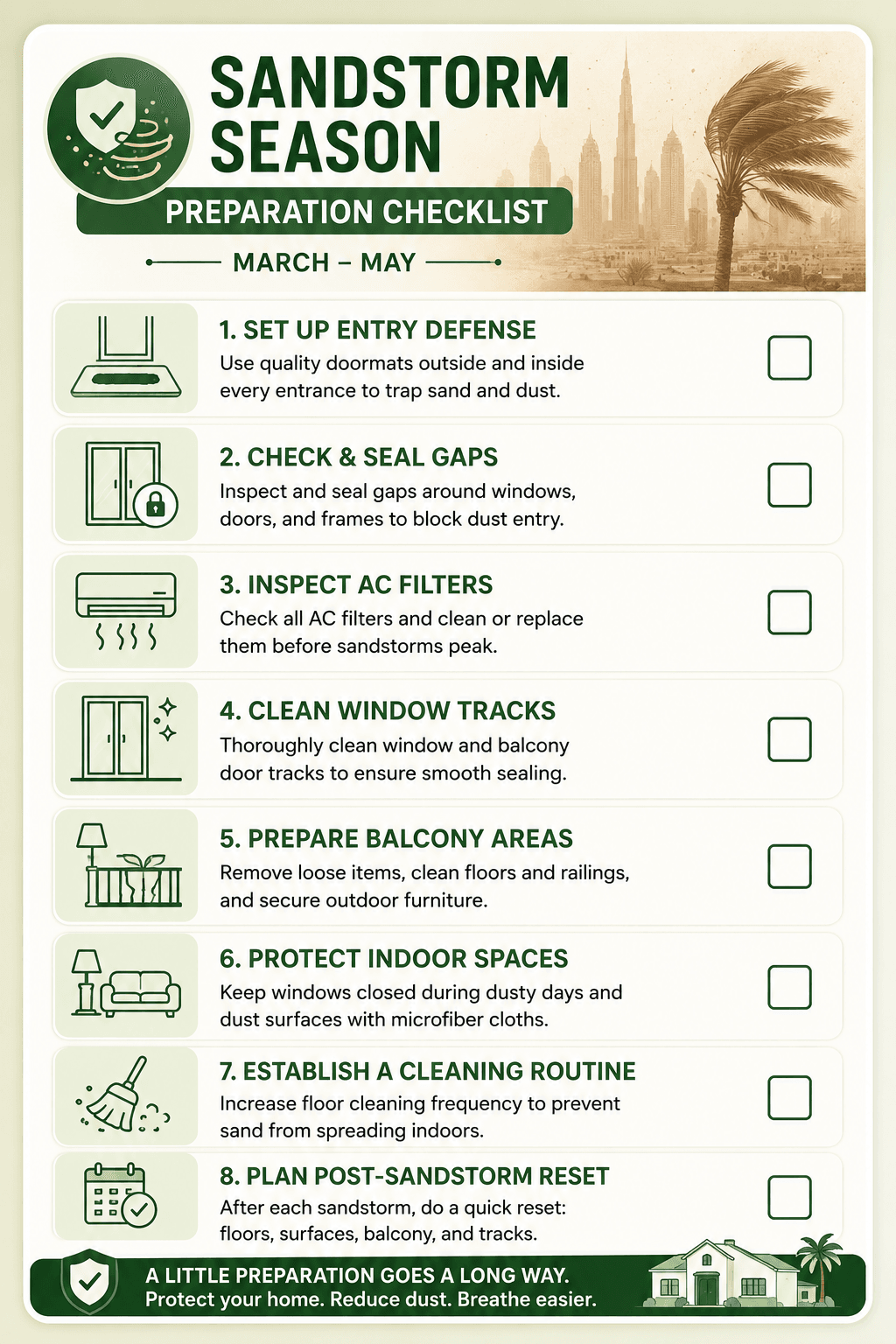 Sandstorm Season Preparation Checklist. A vertical checklist graphic matching the bullet list above.