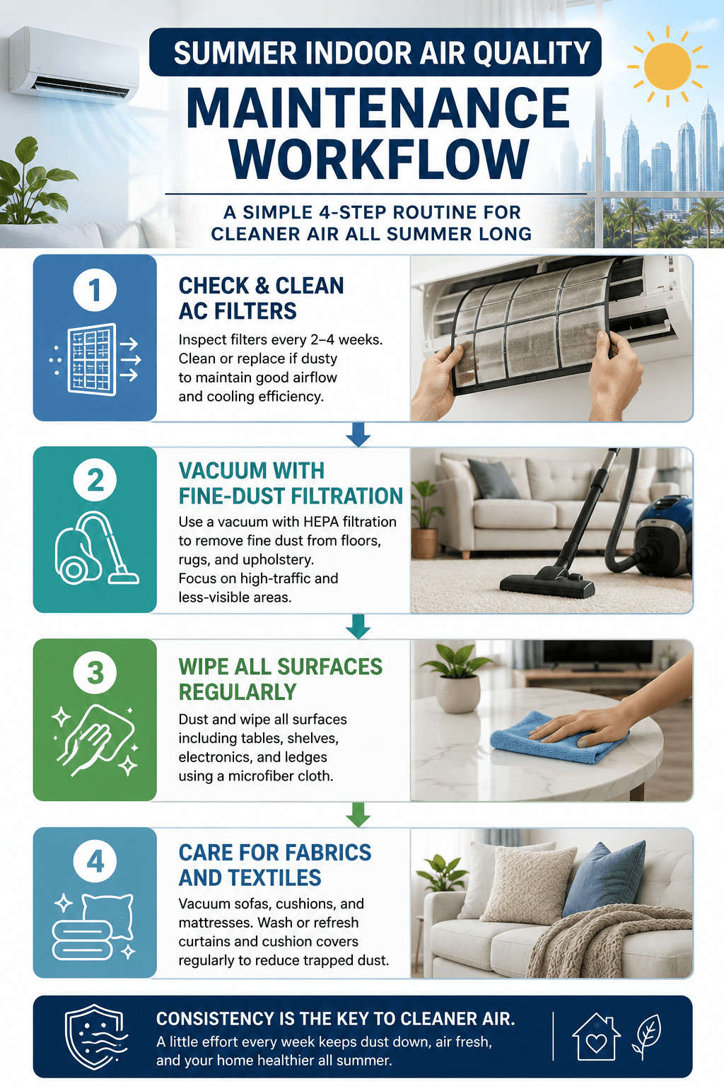 Summer Indoor Air Quality Maintenance Workflow. A simple flow showing filter check, vacuuming with fine-dust filtration, surface wiping, and fabric care.