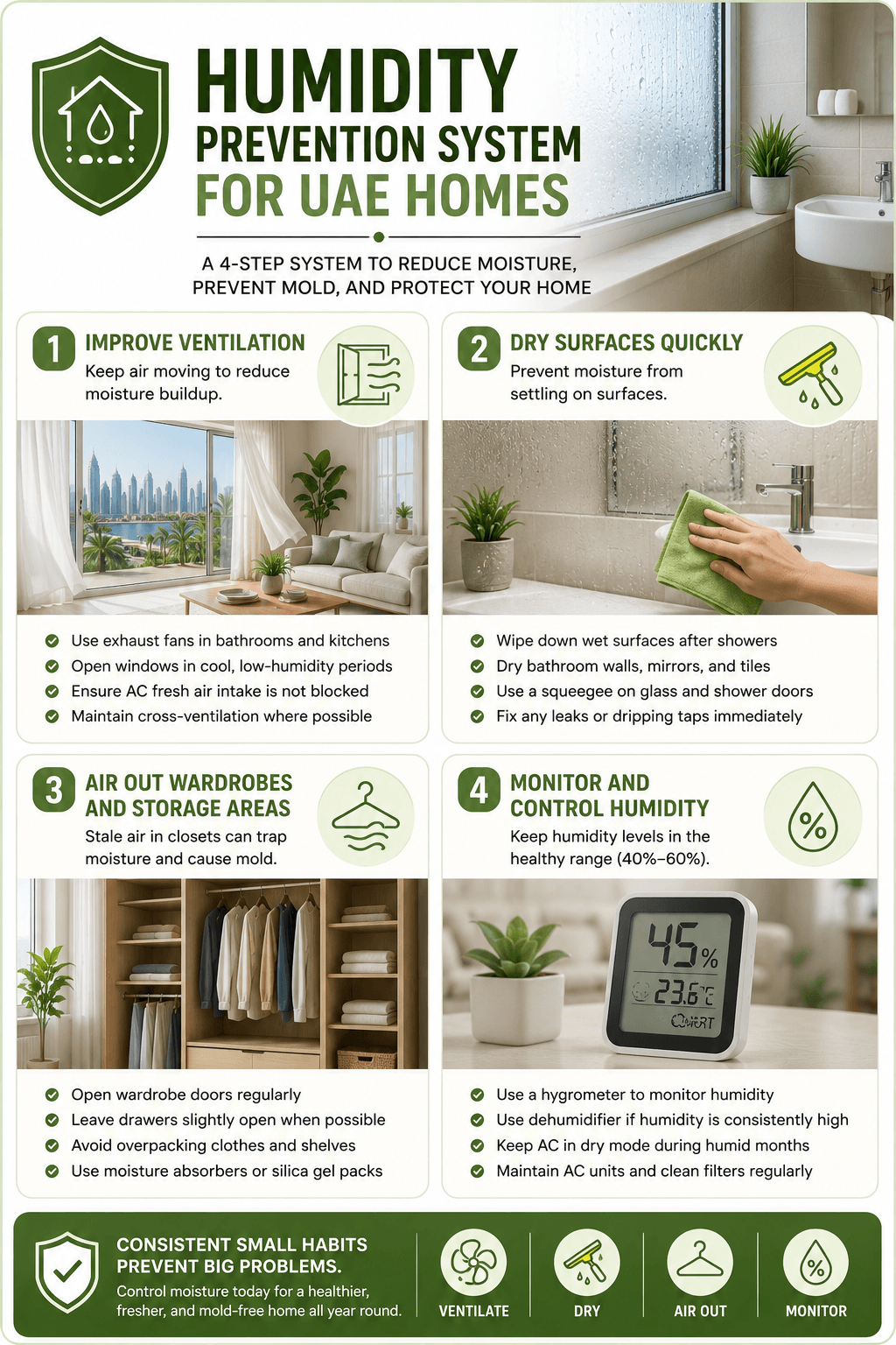 Humidity Prevention System for UAE Homes. A panel showing ventilation, surface drying, wardrobe airing, and monitoring.