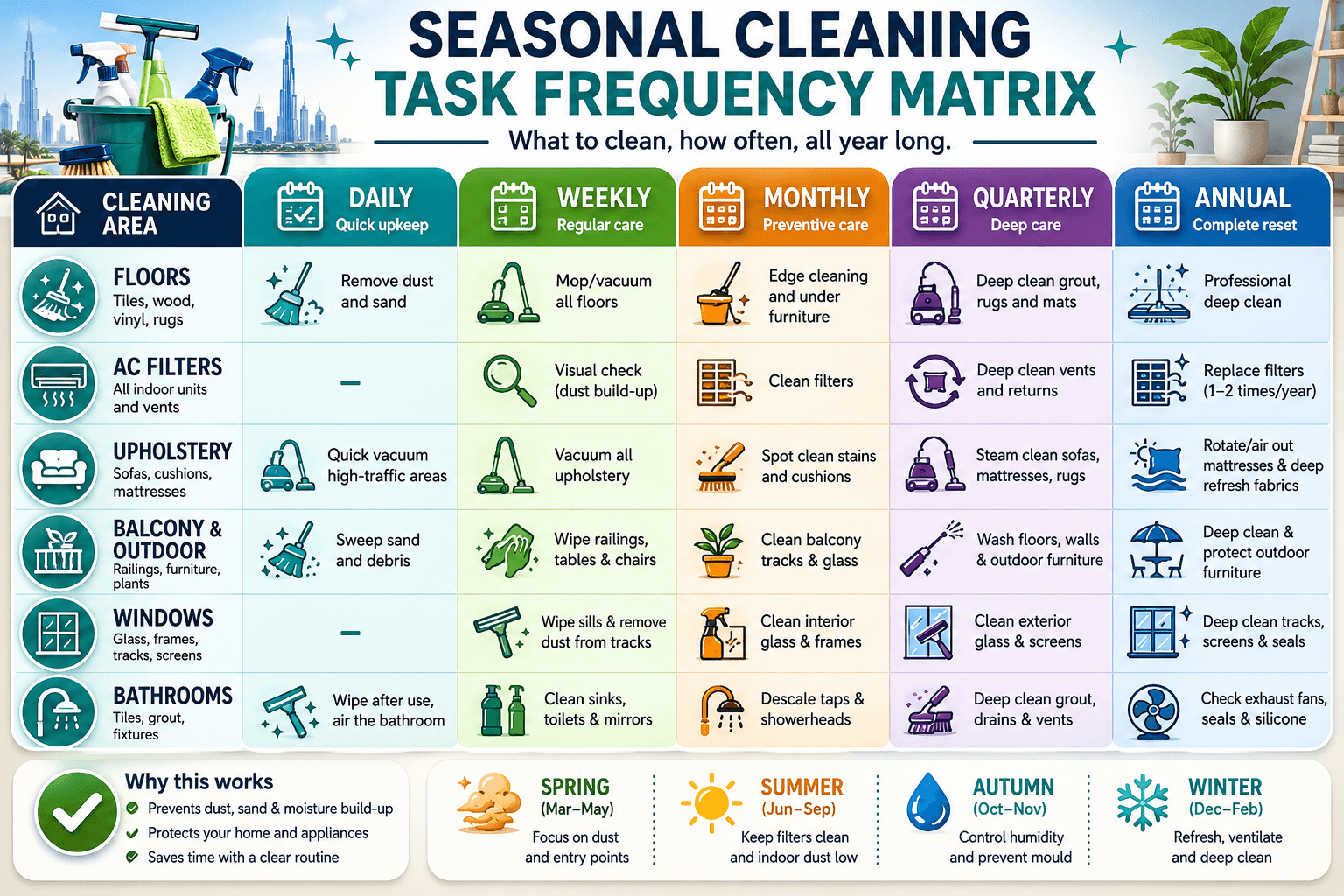 Seasonal Cleaning Task Frequency Matrix. A grid with rows for floors, AC filters, upholstery, balcony, windows, and bathrooms, and columns for daily, weekly, monthly, quarterly, and annual.