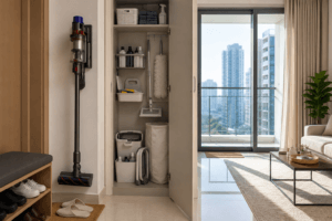 small apartment cleaning setup uae-Bright modern UAE apartment interior featuring a wall-mounted cordless vacuum, neatly organized cleaning supplies stored inside a compact utility cabinet, polished tile flooring, an entryway shoe storage bench, and a balcony overlooking high-rise residential towers, illustrating an efficient small apartment cleaning setup.