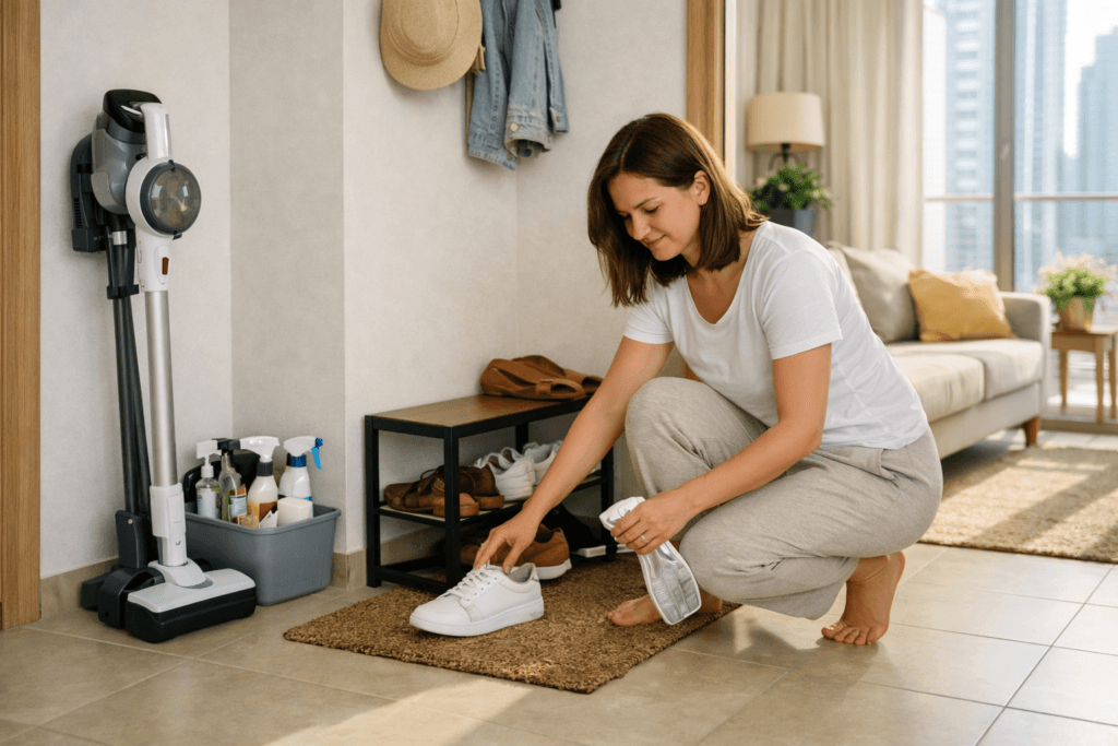 Entryway dust-control station with shoe tray and floor mat