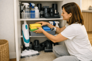 Organised UAE apartment cleaning cabinet with labeled storage zones