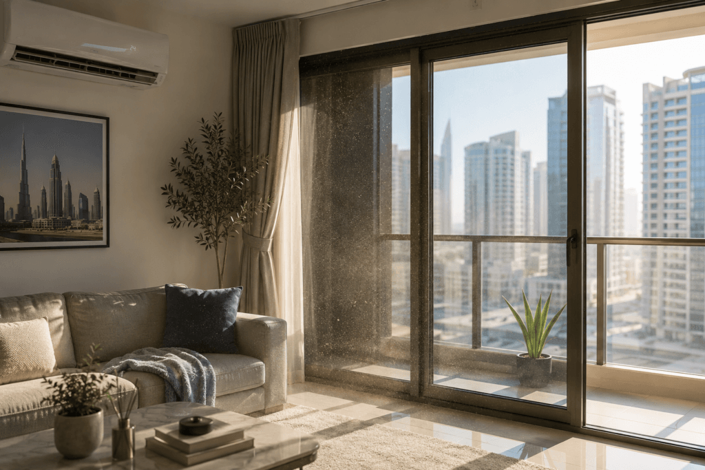 Modern UAE apartment living room in summer with the split AC running, balcony doors closed, and bright sunlight revealing fine airborne dust near the balcony threshold.