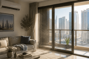 Modern UAE apartment living room in summer with the split AC running, balcony doors closed, and bright sunlight revealing fine airborne dust near the balcony threshold.