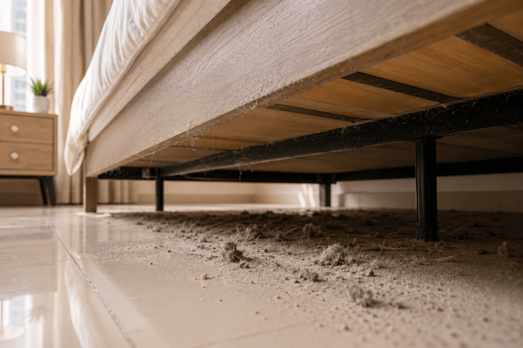 Under-bed dust accumulation zone in a UAE apartment bedroom.