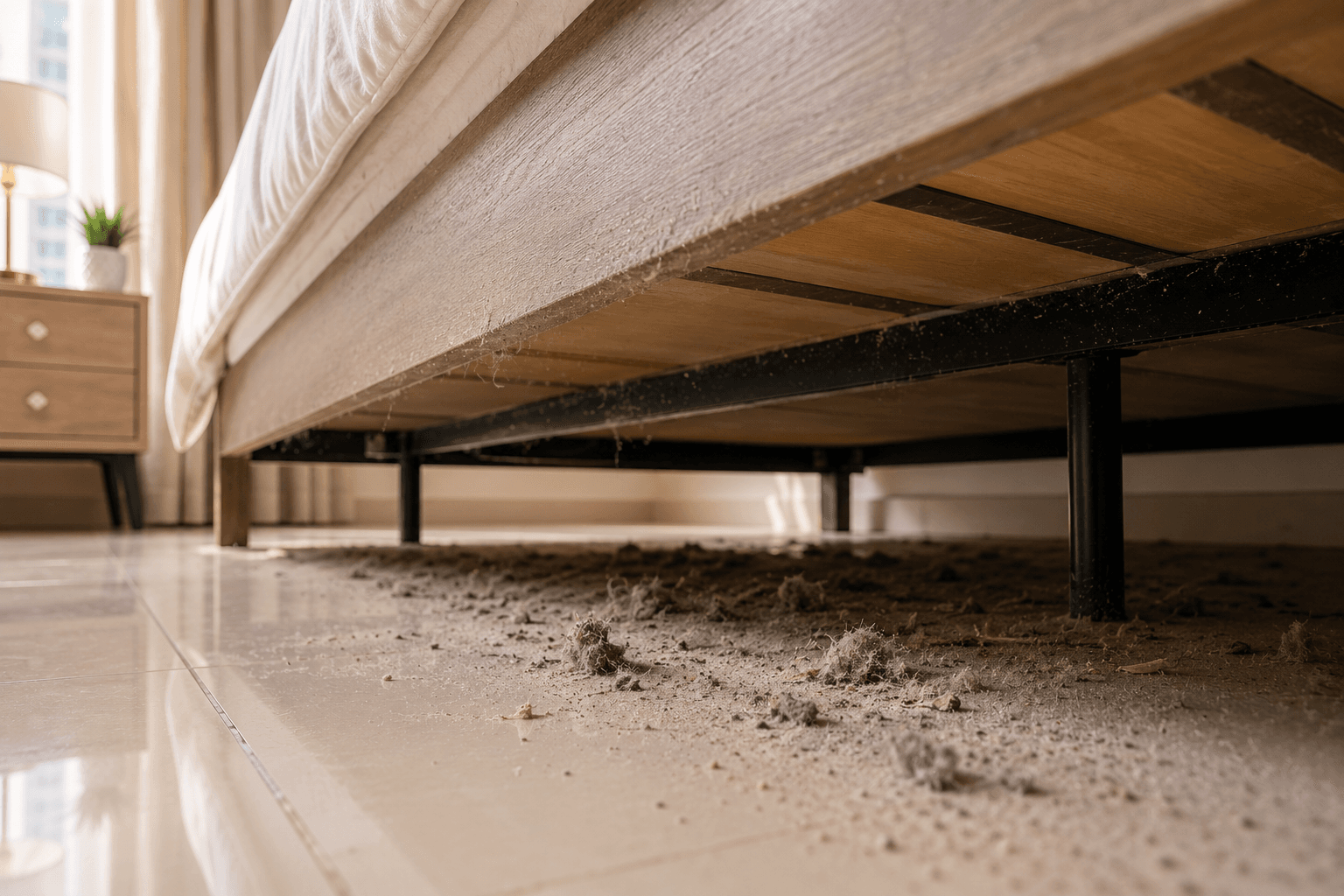 Under-bed dust accumulation zone in a UAE apartment bedroom.