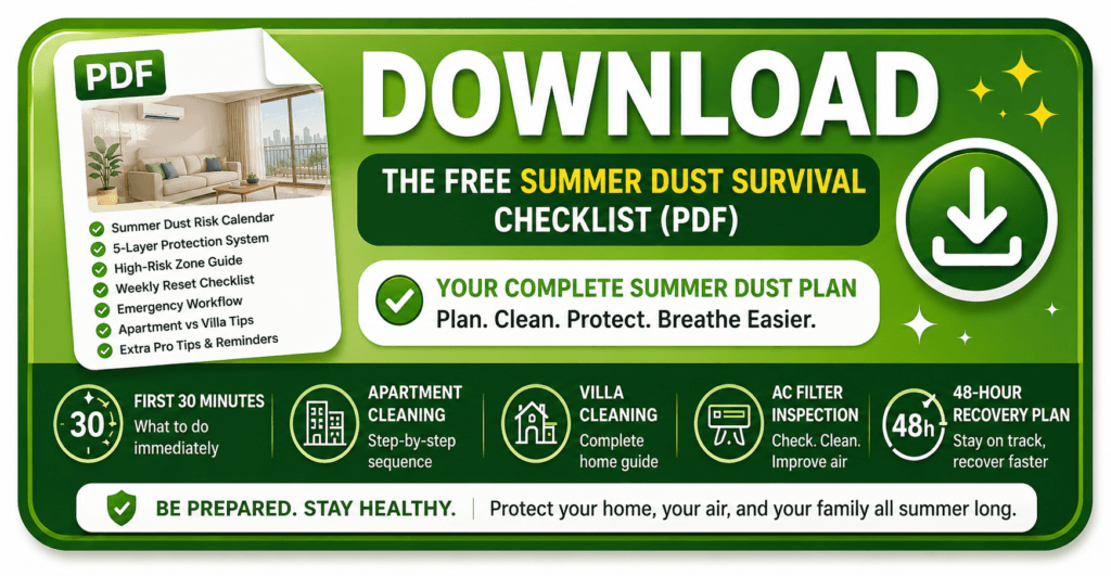 Summer Dust Survival Checklist (PDF)" covering the daily, weekly, and monthly tasks above, with a download button. This works well as a printable lead magnet.