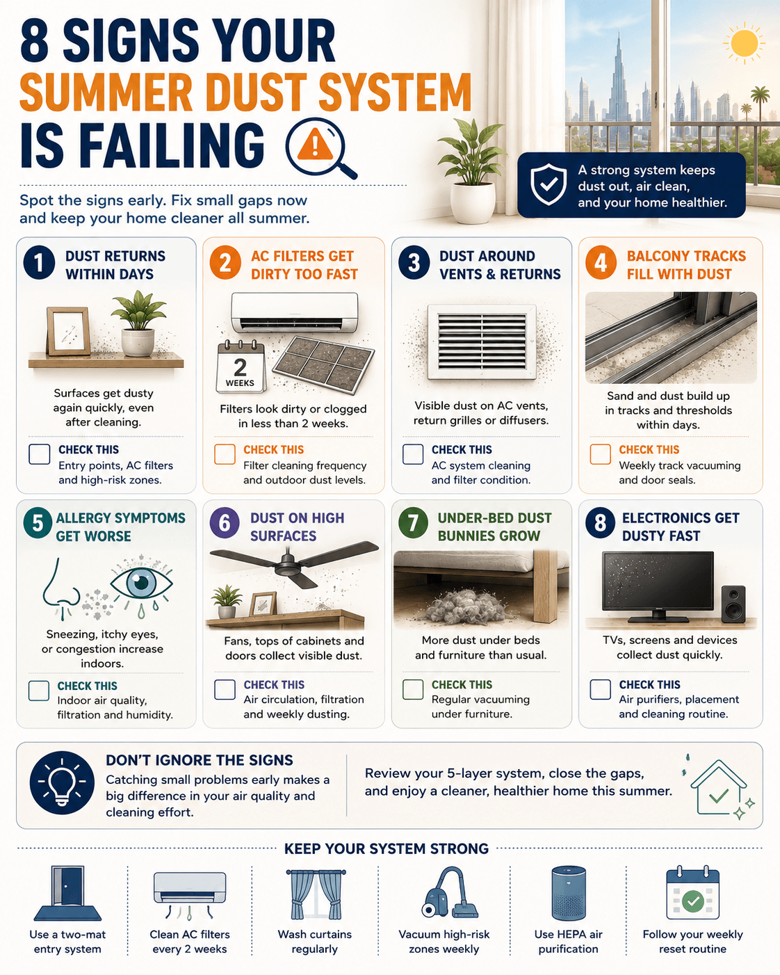 8 Signs Your Summer Dust System Is Failing" as a checklist-style graphic with simple icons for each sign.
