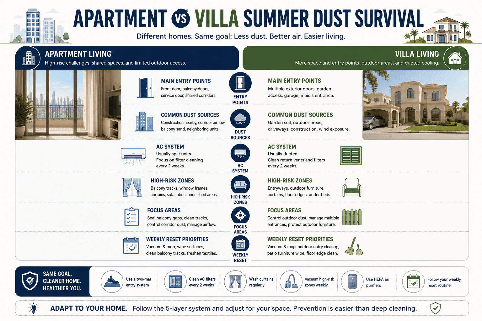 Apartment vs Villa Summer Dust Survival" as a side-by-side comparison graphic.