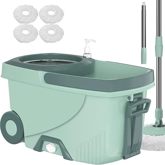 TAFAN Deluxe rolling spin mop with wheeled green bucket and microfiber head