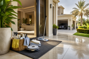 villa-cleaning-systems-uae-Modern UAE villa entrance with cleaning tools, robot vacuum, microfiber supplies, and polished marble flooring showing a structured home cleaning setup with garden, garage, and open living area in warm daylight.
