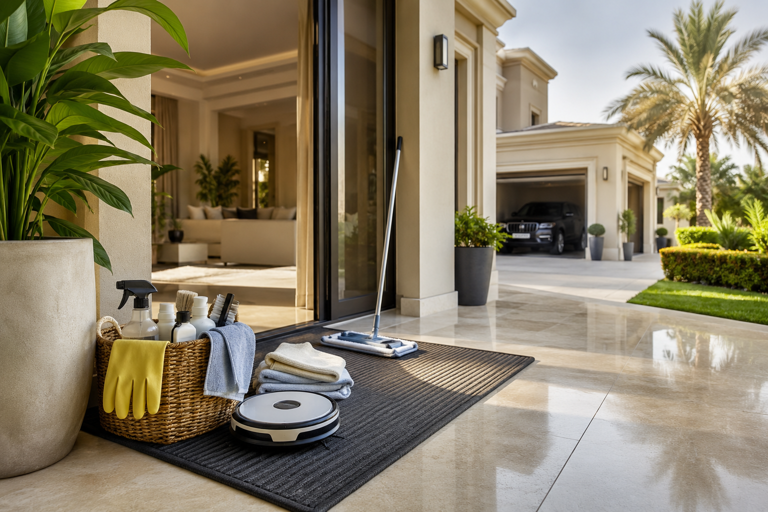 villa-cleaning-systems-uae-Modern UAE villa entrance with cleaning tools, robot vacuum, microfiber supplies, and polished marble flooring showing a structured home cleaning setup with garden, garage, and open living area in warm daylight.
