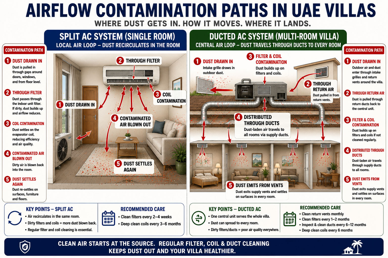 Side-by-side diagram showing airflow contamination paths in a split AC room versus a ducted multi-room villa system, with red arrows showing where dust is drawn in and distributed through each system type.