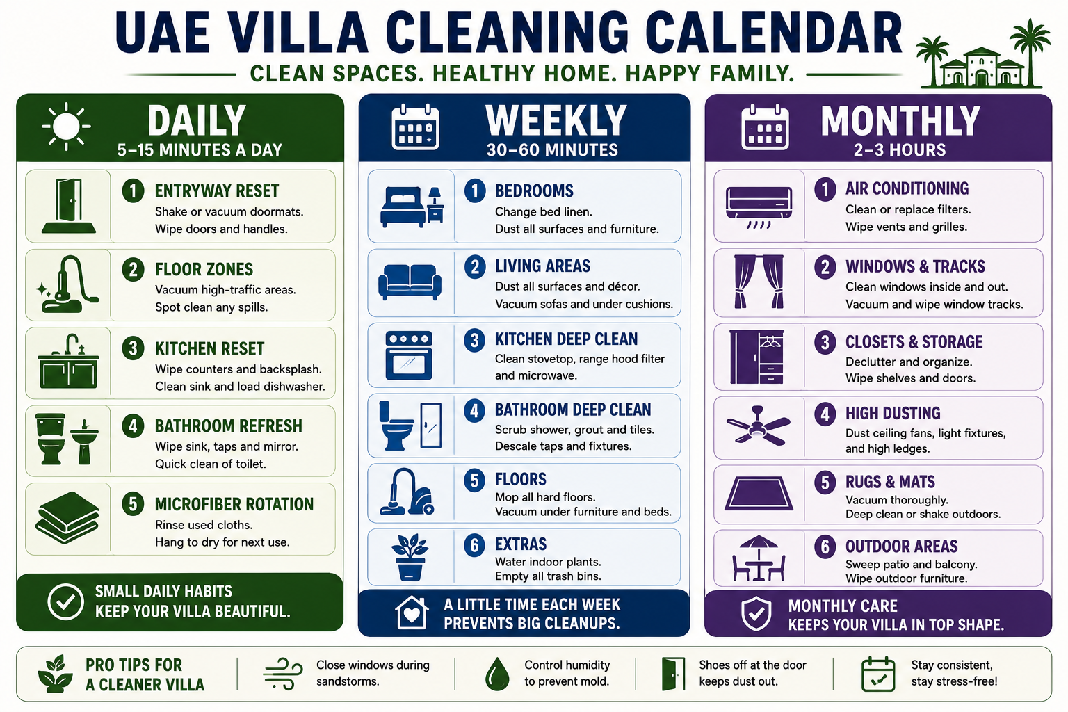 A clean horizontal three-column visual calendar showing Daily, Weekly, and Monthly tasks with colour-coded task cards in each column, suitable for printing and displaying in a villa utility room.