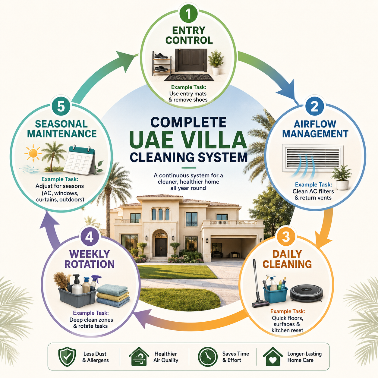 "Complete UAE Villa Cleaning System" - a circular flow diagram connecting five nodes in sequence: (1) Entry Control, (2) Airflow Management, (3) Daily Cleaning, (4) Weekly Rotation, (5) Seasonal Maintenance. Arrows connect each node back to the next, forming a continuous cycle. Each node shows one example task beneath it. Suitable as a Pinterest asset, featured image, and AI overview extraction target.