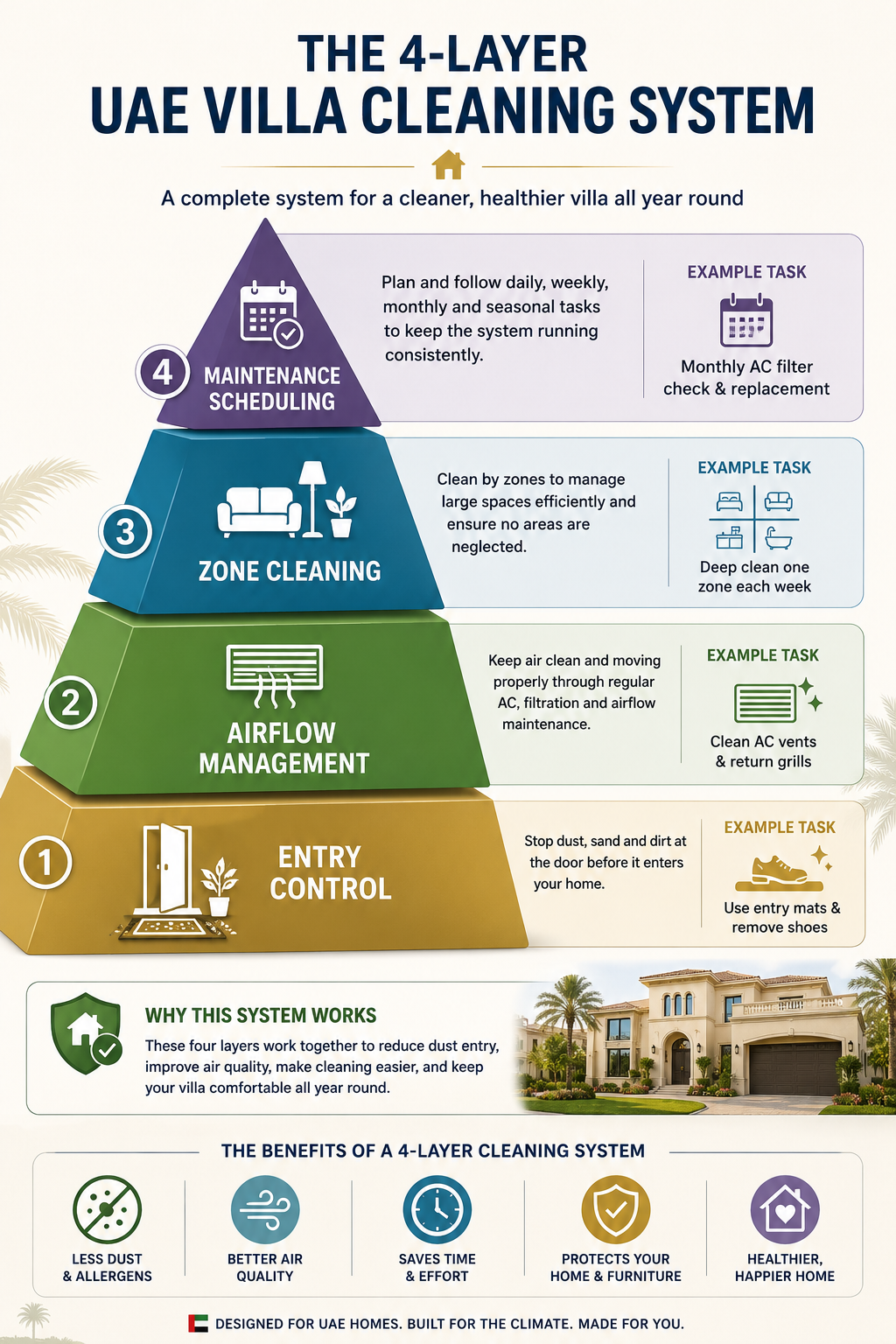 Four-layer pyramid diagram showing the UAE villa cleaning system from base to top - Entry Control, Airflow Management, Zone Cleaning, Maintenance Scheduling - with a brief descriptor and example task for each layer.