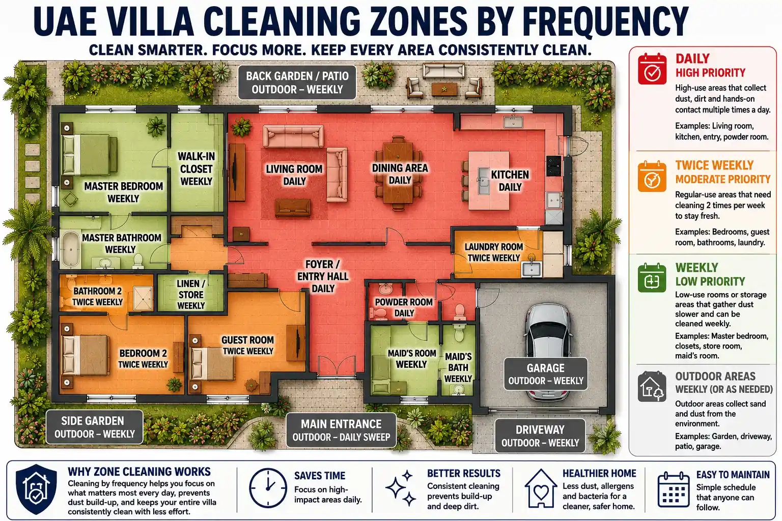Colour-coded villa floor plan showing cleaning zones by frequency - red for daily high-priority, orange for moderate twice-weekly, green for weekly low-priority, and grey for outdoor areas.