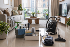 Weekly cleaning checklist UAE apartment setup with microfiber cloths and HEPA vacuum.