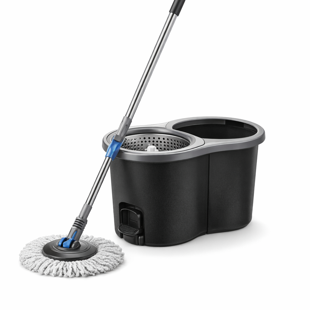 Spin mop cleaning tile floor in UAE apartment