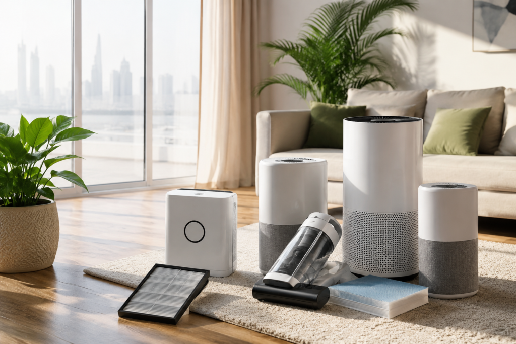 Air and dust control uae-apartment including air purifier, dehumidifier, HEPA filter, and vacuum cleaner.
