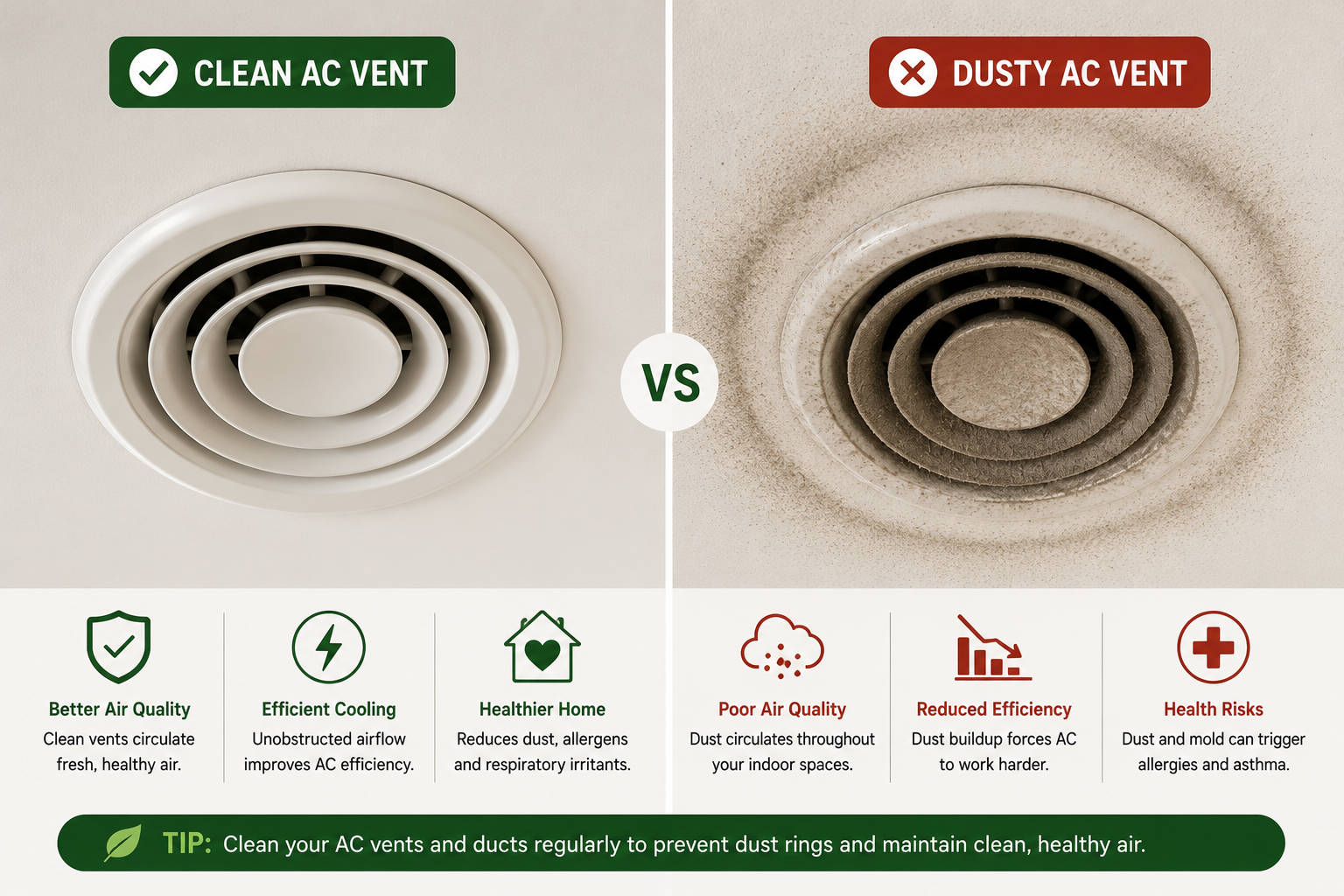 Split photograph showing a clean AC vent versus a dust-ringed vent with halo marks on the surrounding wall. Embed near the Dusty AC Vents subsection.
