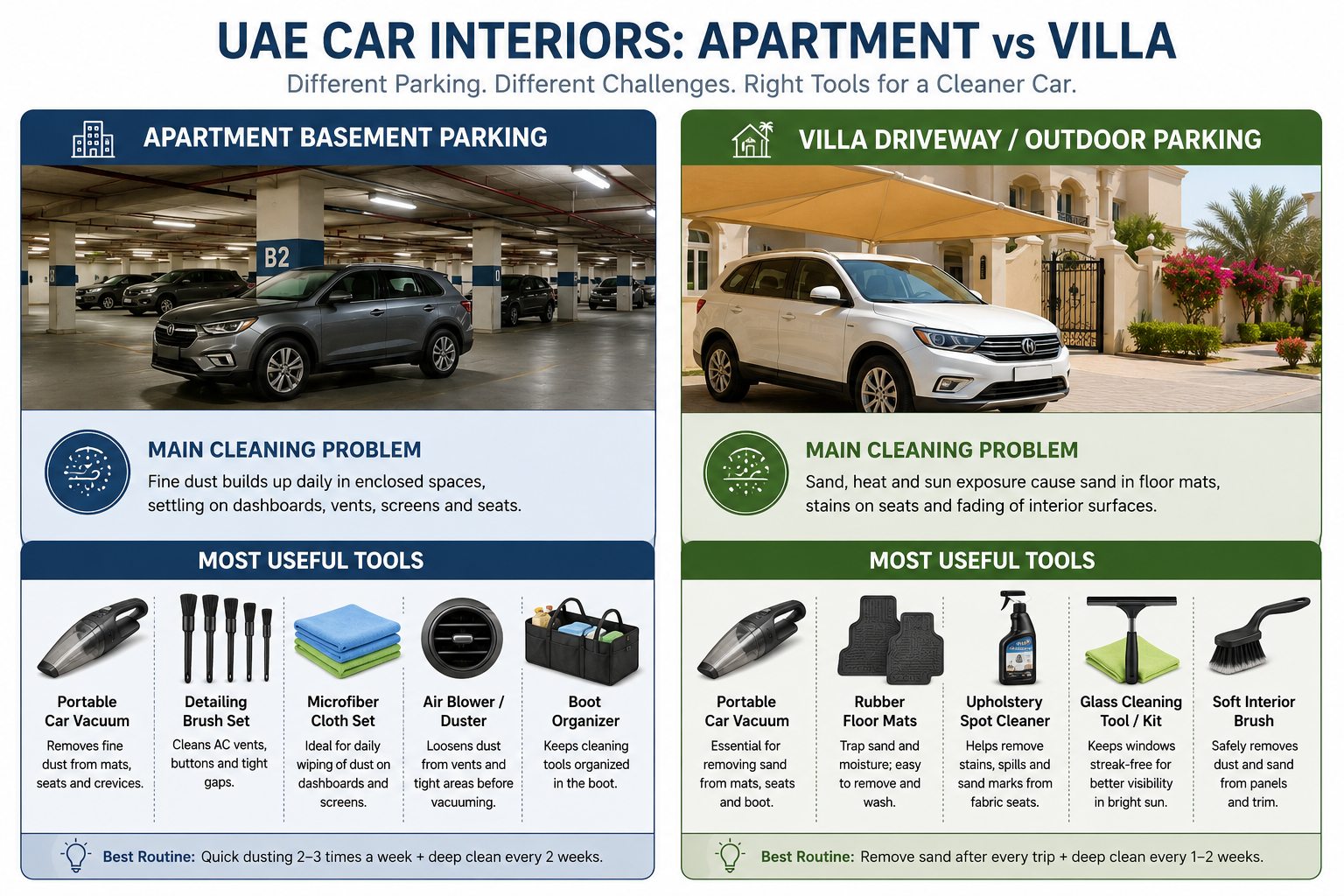 Apartment versus villa car cleaning tool needs in the UAE
