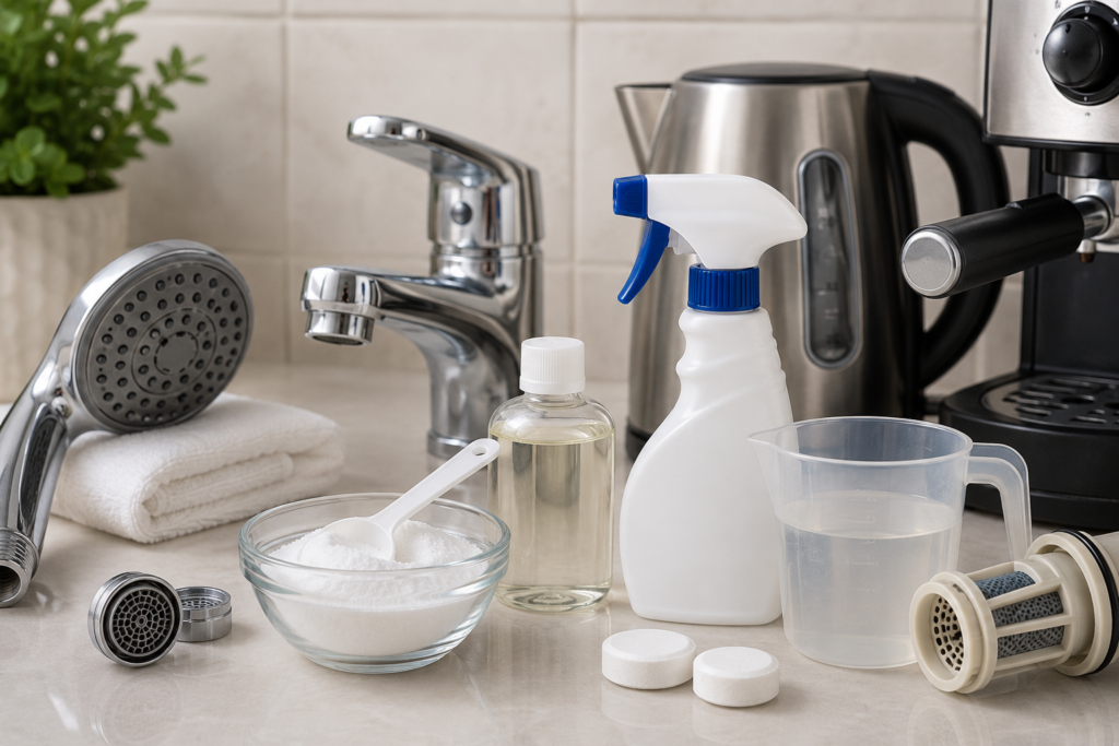 Best limescale removal solutions UAE featuring descaling products, showerhead, faucet, kettle, coffee machine, and hard water cleaning supplies on a clean countertop.