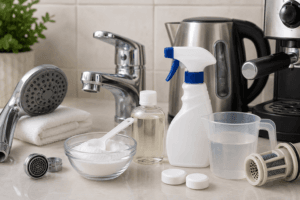 Best limescale removal solutions UAE featuring descaling products, showerhead, faucet, kettle, coffee machine, and hard water cleaning supplies on a clean countertop.