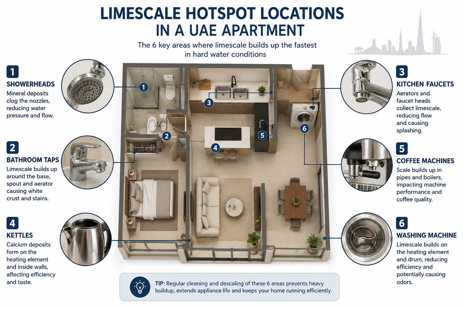 Image suggestion: Limescale hotspot locations around a UAE apartment - labelled photo or illustrated floor plan showing the six key zones